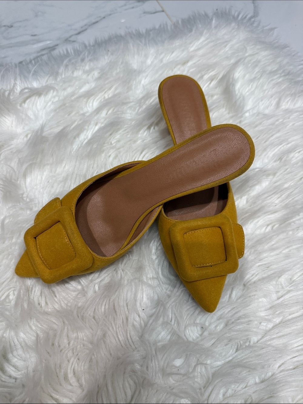 Pointed Mule Slides with Decorative Buckle in Mustard Yellow
